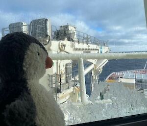 toy penguin looking out from observation deck on ship