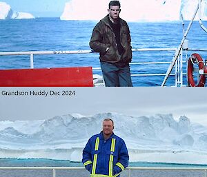 A photo of a man in 1966 standing on a ship's deck and another photo from 2024, showing a man on a ship's deck