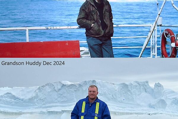 A photo of a man in 1966 standing on a ship's deck and another photo from 2024, showing a man on a ship's deck