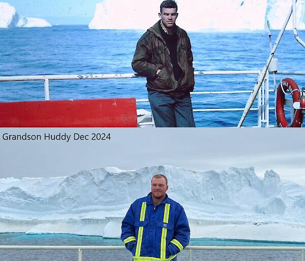 A photo of a man in 1966 standing on a ship's deck and another photo from 2024, showing a man on a ship's deck