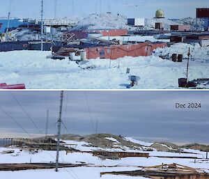 Two photos, one from 1966 and one from 2025. Both show tall transmission towers