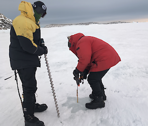 Sea ice drill about 1 meter long with 2 expeditioners working on the ice