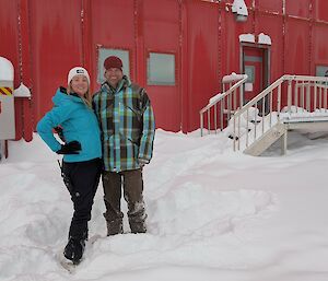 A couple of expeditioners outside the Red Shed