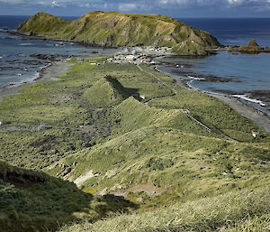 Elevated view showing the north end of the island, isthmus and station buildings