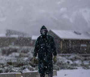 A man wearing a dark green hood and dark green coat and pants stands in the snow with a building visible in the background.