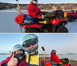 Three images showing two people travelling on quad bikes across sea ice