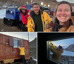 Three images showing three people fixing windows on an Antarctic hut