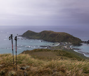 two hiking poles standing in the ground at the top of a windswept hill covered in tussock. In the distance is the rest of the island surrounded by ocean.