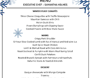 A dinner menu detailing Canape's, Mains, Dessert and a Cheese Board