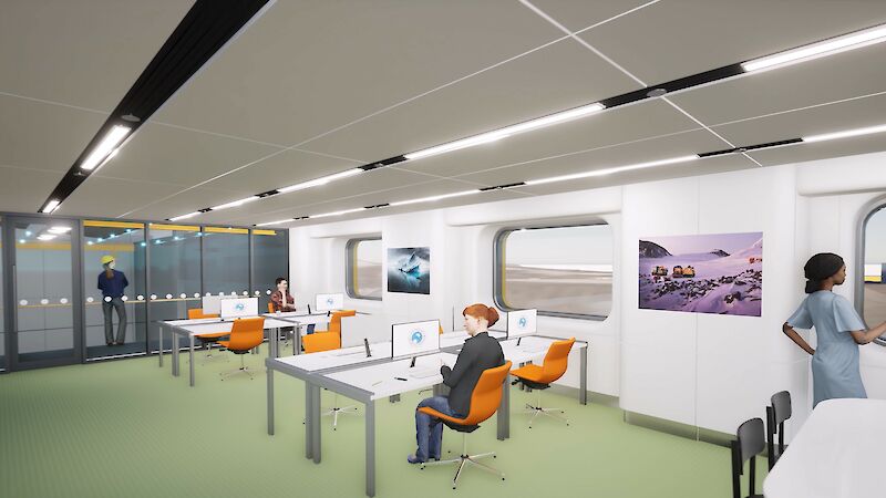 An artist's impression of inside a building showing tables, chairs, green floor and people looking out windows