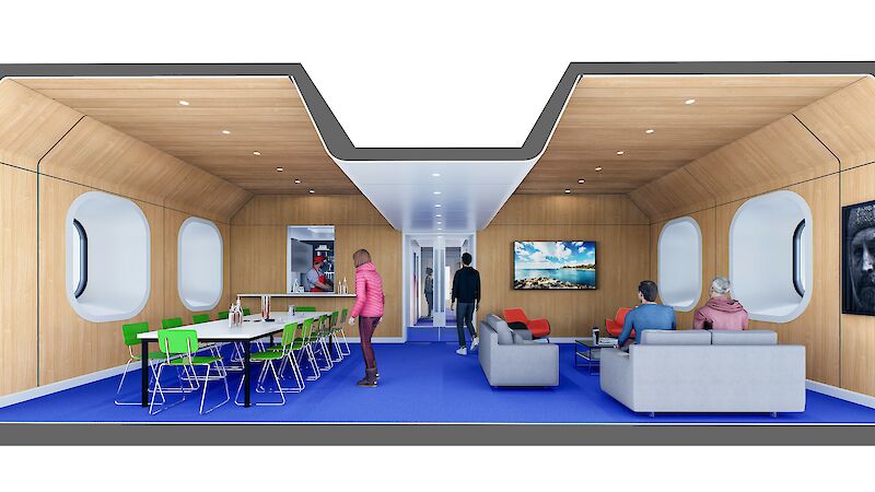 A mock up of  timber-clad room with blue carpet and people sitting at desks