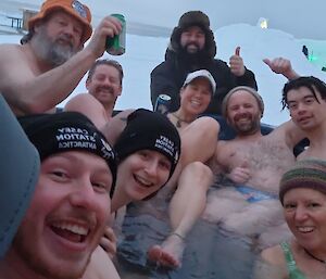 Expeditioners in the outdoor hot tub