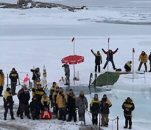 The Casey Station ice hole surrounded by expeditioners