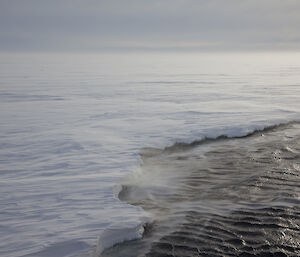 The ocean lapping against the edge of a vast area of sea ice cover.