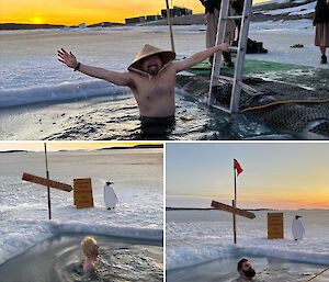 A collage showing people getting into a hole cut in the ice with a yellow sunrise in the background