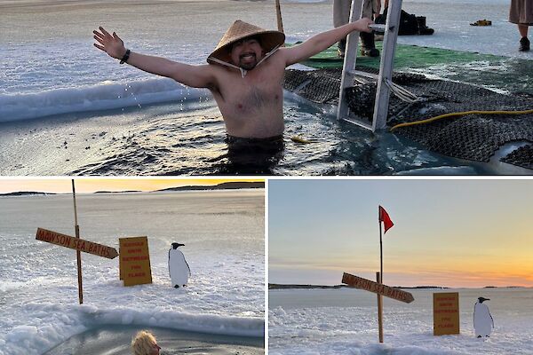 A collage showing people getting into a hole cut in the ice with a yellow sunrise in the background