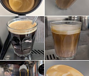 Six photos showing different types of coffee and latte art
