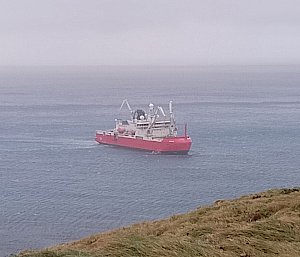 A large orange and white ship viewed offshore from a grassy hilltop.