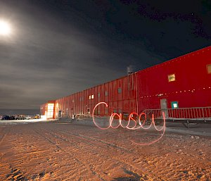 Casey Station Red Shed by night