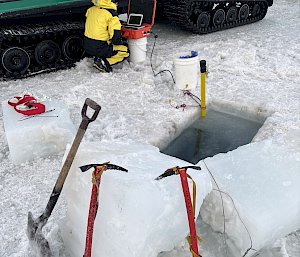 A hole cut in the ice