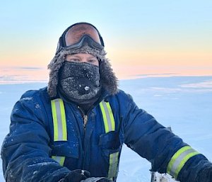 An expeditioner in the snow at Wilkins aerodrome
