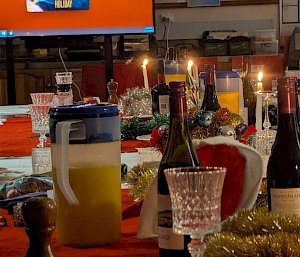 A festively set and decorated table.
