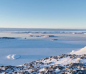Aerial photograph looking across the ice from Casey Station.
