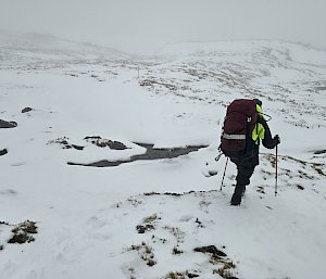 A hiker walks through a snow-covered landscape - everything is white and grey.