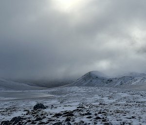 A misty, snow-covered undulating landscape, mostly white with small patches of rocks and vegetation poking through.