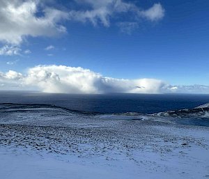Thick clouds right down to the surface of the ocean as viewed from the plateau of Macquarie Island.
