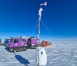 The weather equpment on a mast covered in ice