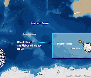 A map showing where Heard Island and McDonald Islands are in relation to Australia, Casey and Davis research stations.