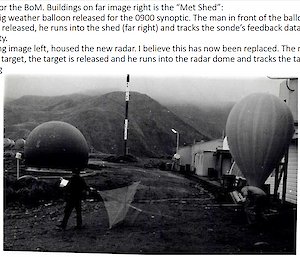 A black and white photo of two people assembling a weather balloon outside