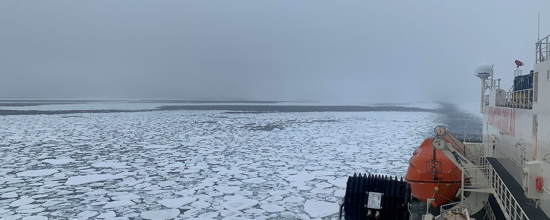 The side of a red ship surrounded by pancake ice