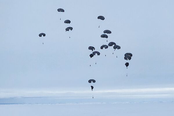 15 parachutes with bundles of cargo attached, fall through the sky above Antarctic sea ice.