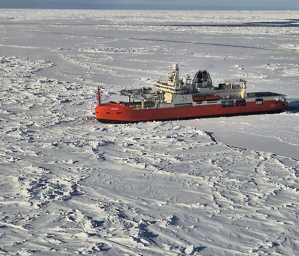 Red icebreaker parked in ice