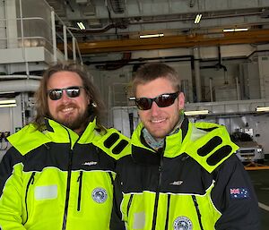 Two men in yellow outdoor gear and sunglasses