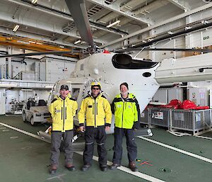 Three men in yellow outdoor gear standing near a helicopter