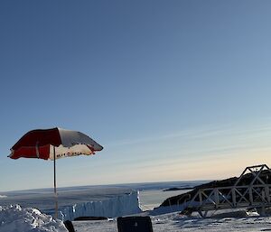 An umbrella over an esky on sea ice