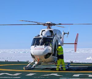 Helicopter on the deck of the RSV Nuyina before take off