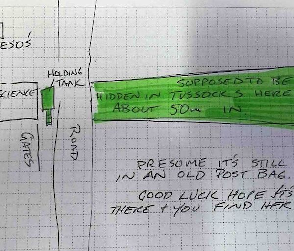 A hand-drawn map showing a science building, dieso workshop and road with directions and text: presume it's still in an old post bag. Good luck, hope it's there and you find her.