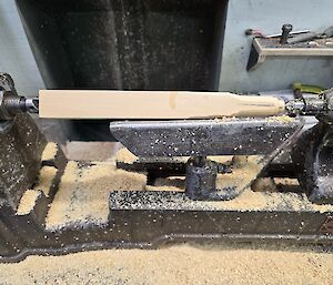 A length of square shaped Huon Pine sits in a lathe with some machining having commenced at the top end to create the beginnings of a chess piece.