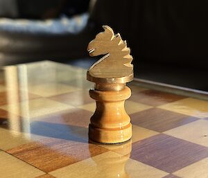 A close-up picture of the dark Horse piece sitting on the chess board. Made of Blackwood, it has a brass horse's head on top.