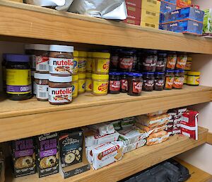 Shelves in a pantry including a shelf stocked with honey, golden syrup, Nutella, peanut butter, various jams, marmalade and Vegemite