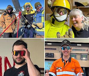 A collage of four photos showing people wearing different eyewear and headwear.