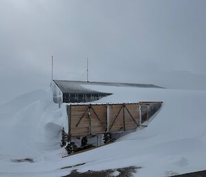 A building covered in snow