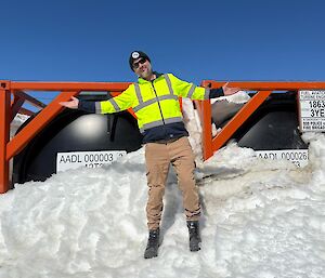 Supply officer Neil finding some fuel pods hidden in the snow