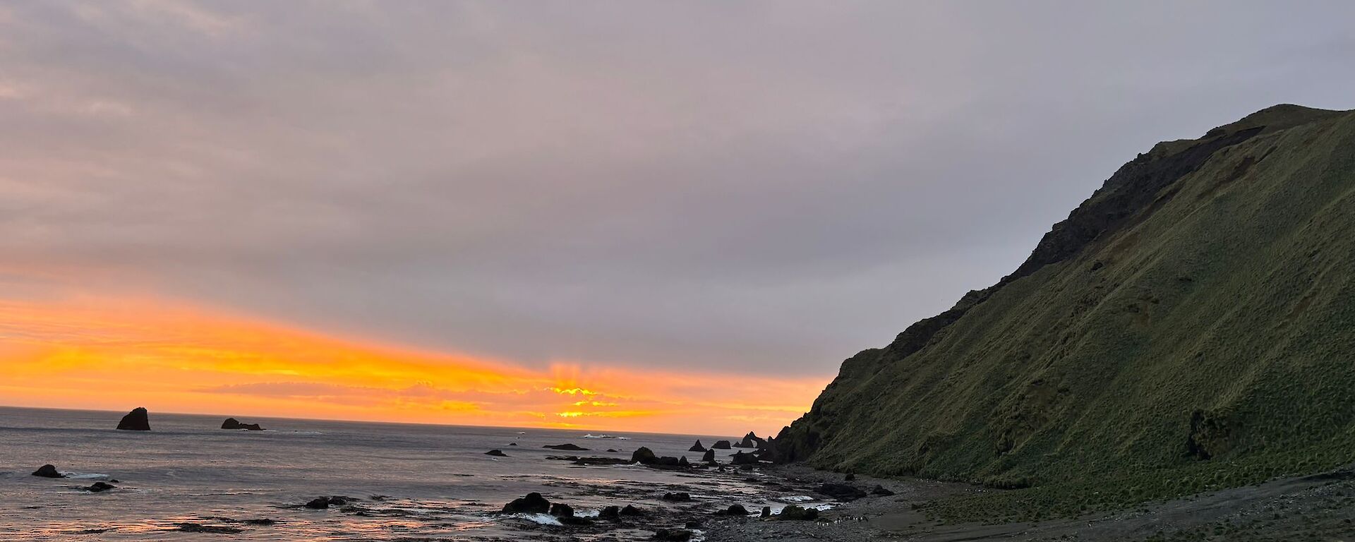 Orange and cloud covered sky as the sun sets over the ocean. There are penguins in the foreground on the beach.