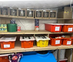 A set of shelves with plastic containers on them