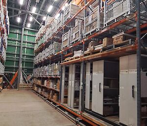 Racks of pallets stacked neatly in a warehouse environment